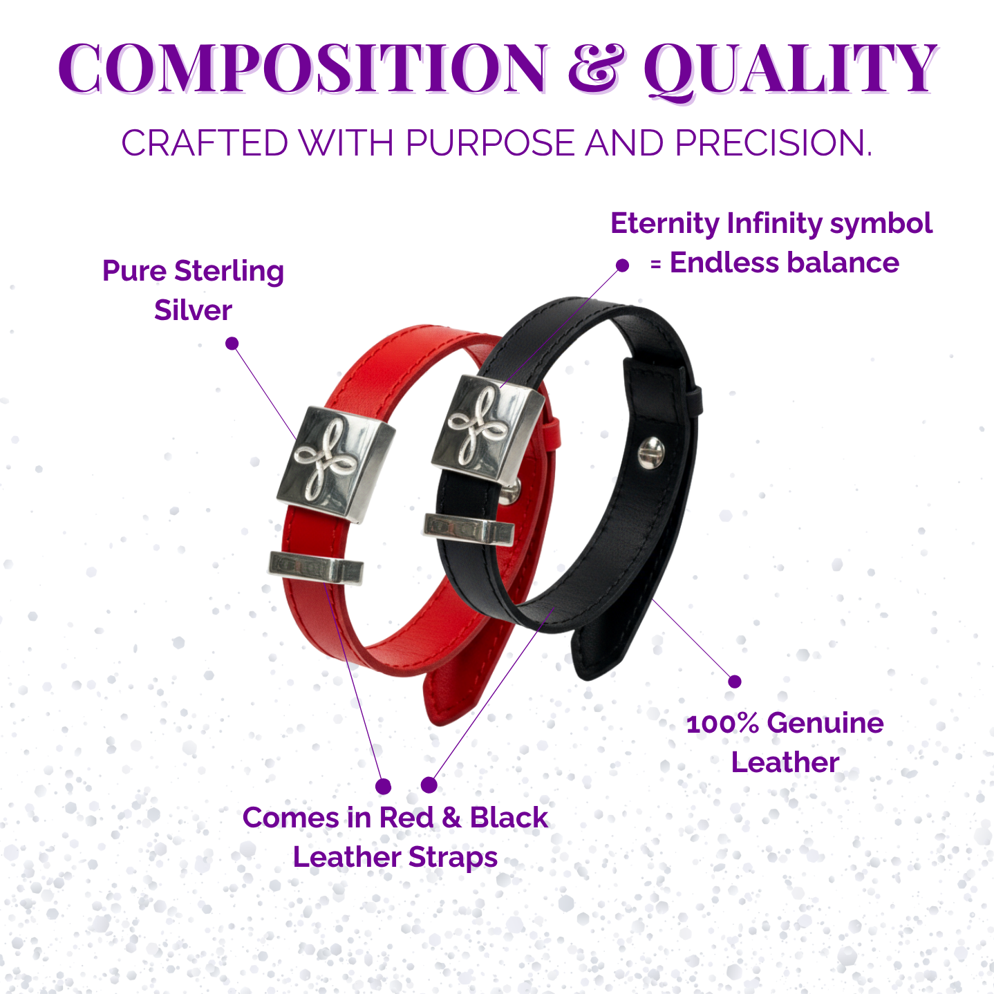 Two leather Kayra Infinity Bracelets, one red and one black, with silver clasps on a white background with text about their composition and quality.