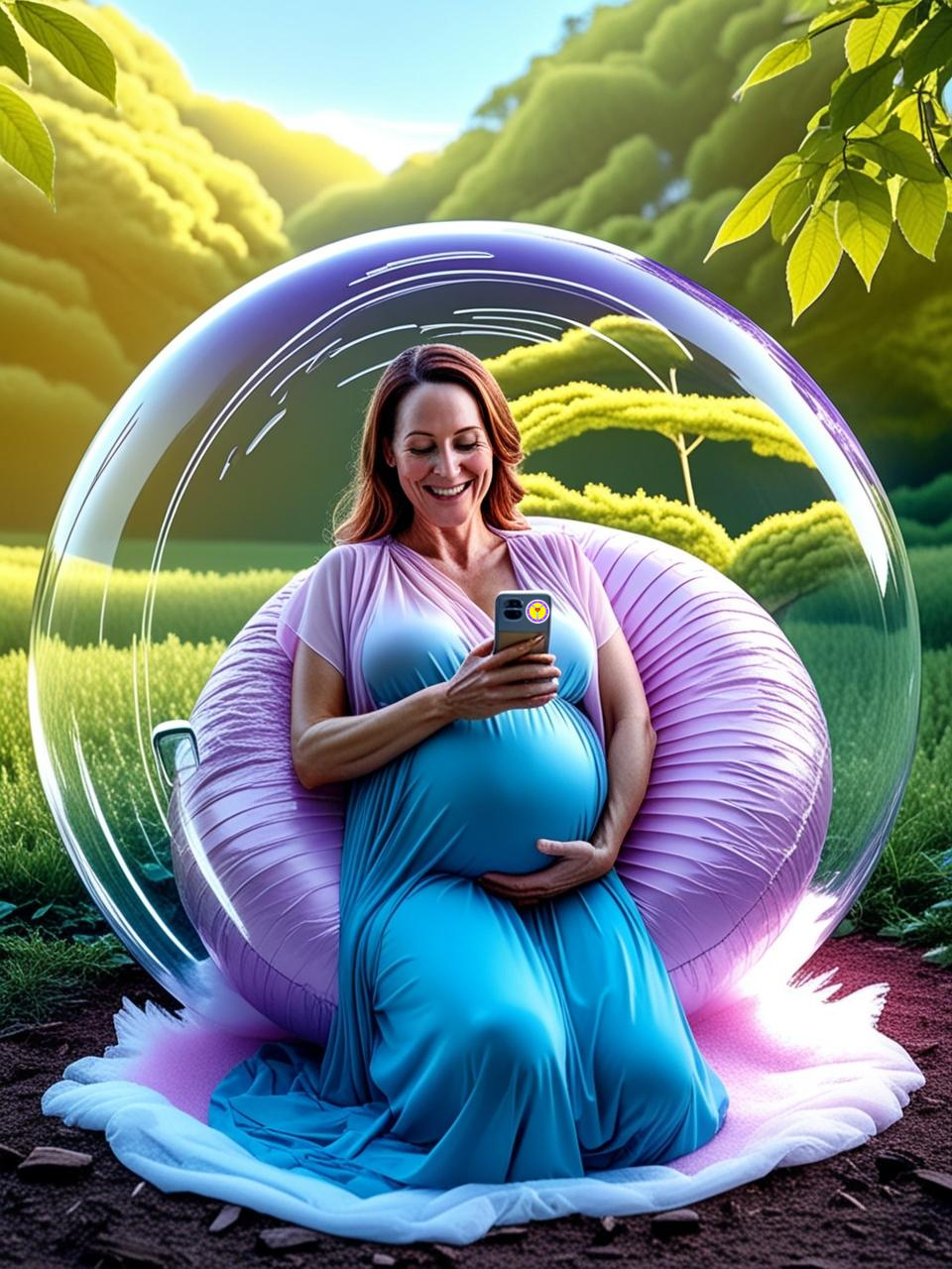 pregnant-woman-using-mobile-phone-whilst-being-in-a-protective-bubble-safe-from-electromagnetic-waves