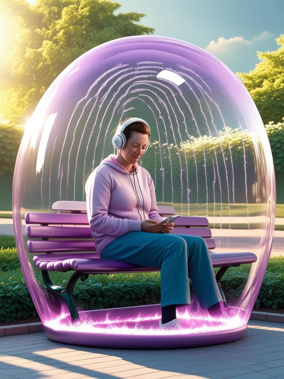 person_sitting_on_a_park_bench_listening_to_music_with_a_purple_protective_bubble_around_them_protecting_the_whole_entire_human.
