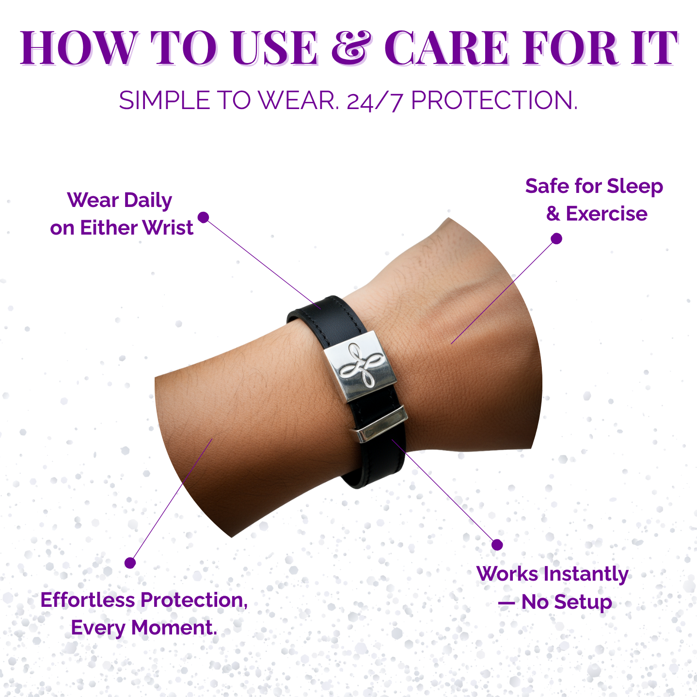 Bracelet on wrist with text on how to use and care for it, on a white background.
