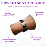 Bracelet on wrist with text on how to use and care for it, on a white background.