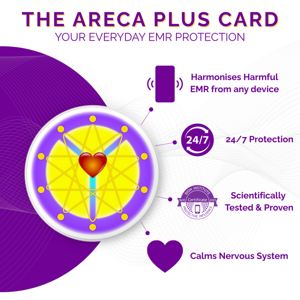 Areca Plus card advertisement with purple and yellow design on a white background
