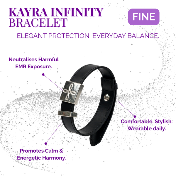Kayra Infinity Bracelet with black strap and silver clasp on a white background with promotional text.