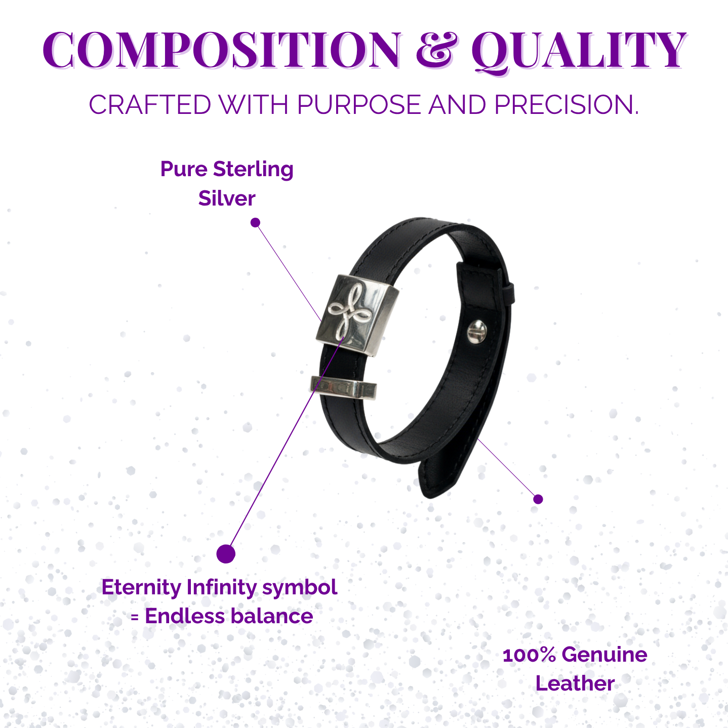 Black leather bracelet with silver clasp on a white background, featuring text about material quality.