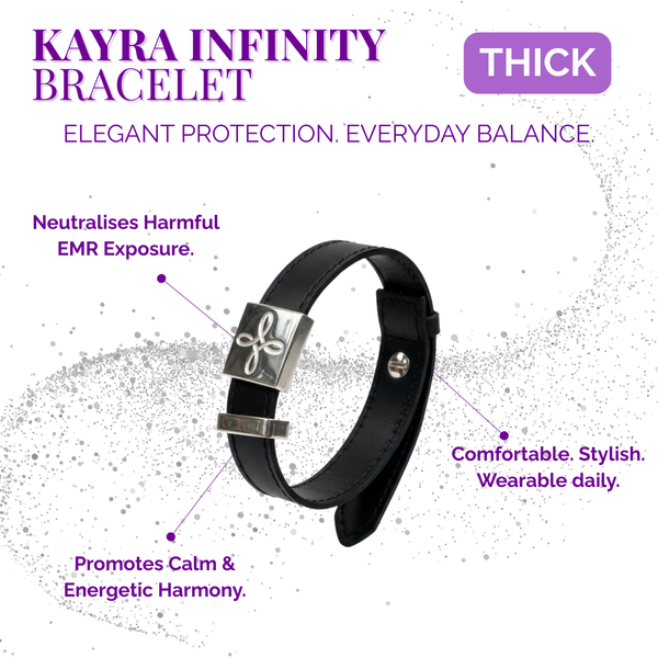 Kayra Infinity Bracelet with black strap and silver clasp on a white background