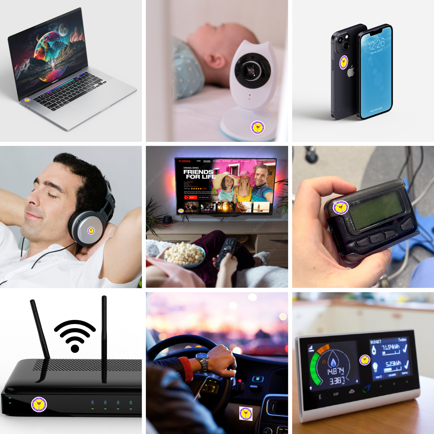 Collage of various electronic devices including a laptop, baby monitor, smartphone, headphones, gaming console, and smart home devices with areca plus, emr-free protection.