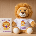 Areli the Plush lion toy wearing a t-shirt and a matching book on a wooden shelf for EMR protection.
